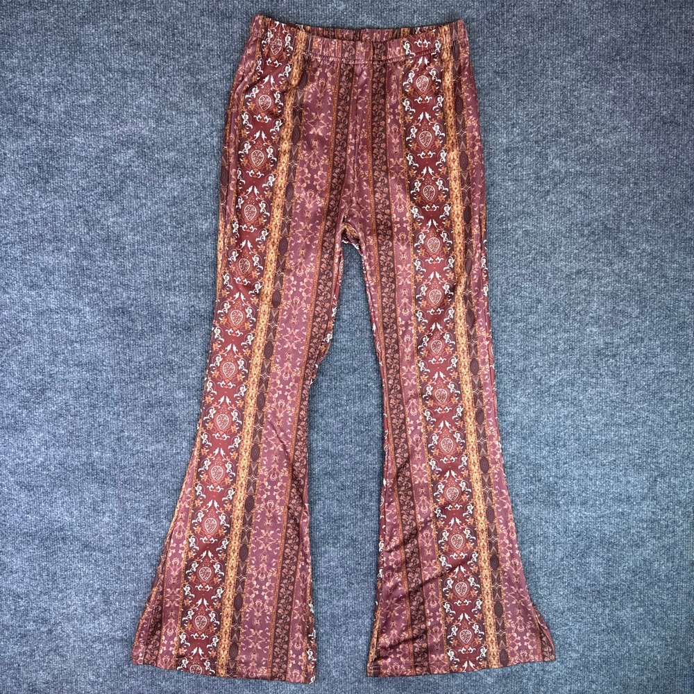 SHEIN Paisley Stripe Flare Pants Burgundy Orange Boho Bell Bottoms High Waist XS